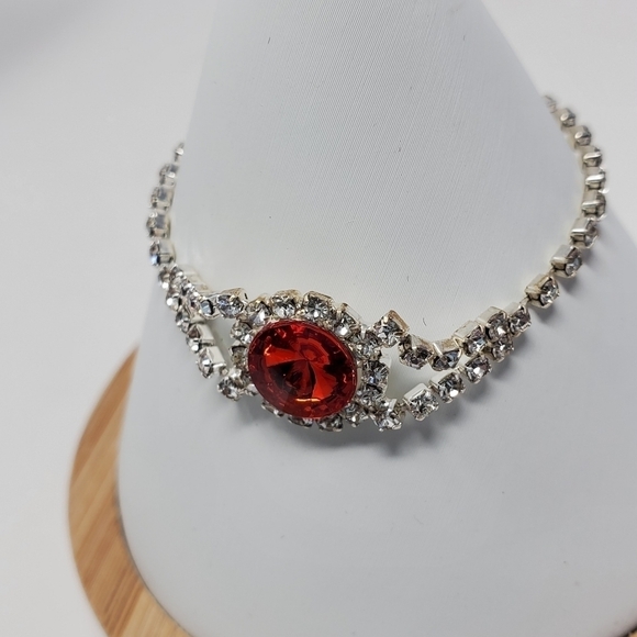 COSTUME JEWELRY SET NECKLACE BRACELET EARRINGS RED & CLEAR RHINESTONE BLING PROM - Picture 15 of 15